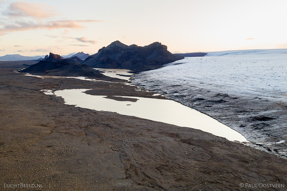 Jarlhettur mountains and the end of Langjökull glacier at Skálpanes in Iceland. Aerial photo captured by drone.