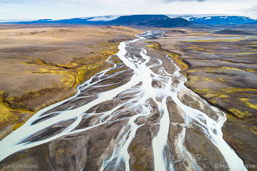 Jokulvisl river and the Hofsjökull glacier in the highlands of Iceland. Aerial photo captured by drone.