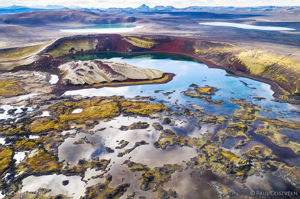 Lake Rauðigígur in the Veiðivötn area in the highlands of Iceland. Aerial photo captured by drone above Raudigigur in Veidivötn.