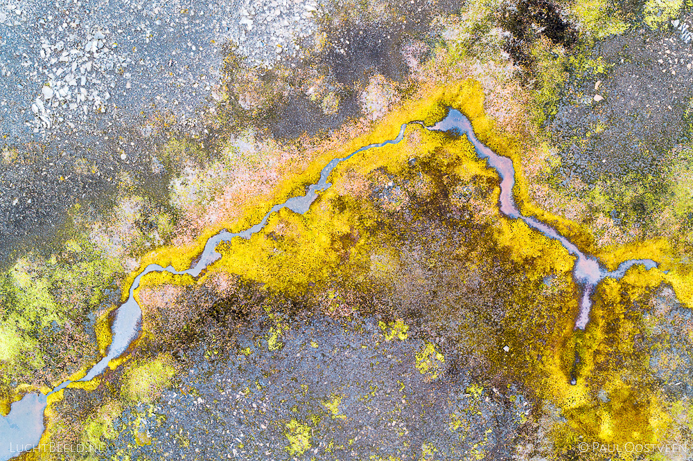 Small stream in Sprengisandur area in the highlands of Iceland. Aerial photo captured by drone.