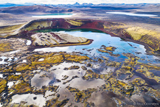 Lake Rauðigígur in the Veiðivötn area in the highlands of Iceland. Aerial photo captured by drone above Raudigigur in Veidivötn.