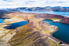 Áttan and the lake Litlisjór in the Veiðivötn area in Iceland. Aerial photo captured by drone in Veidivötn.